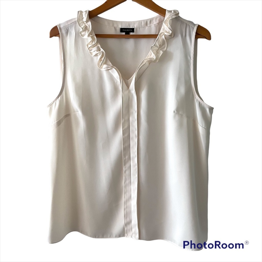 TALBOTS Cream ruffle neck sleeveless blouse. Lightweight flowy top